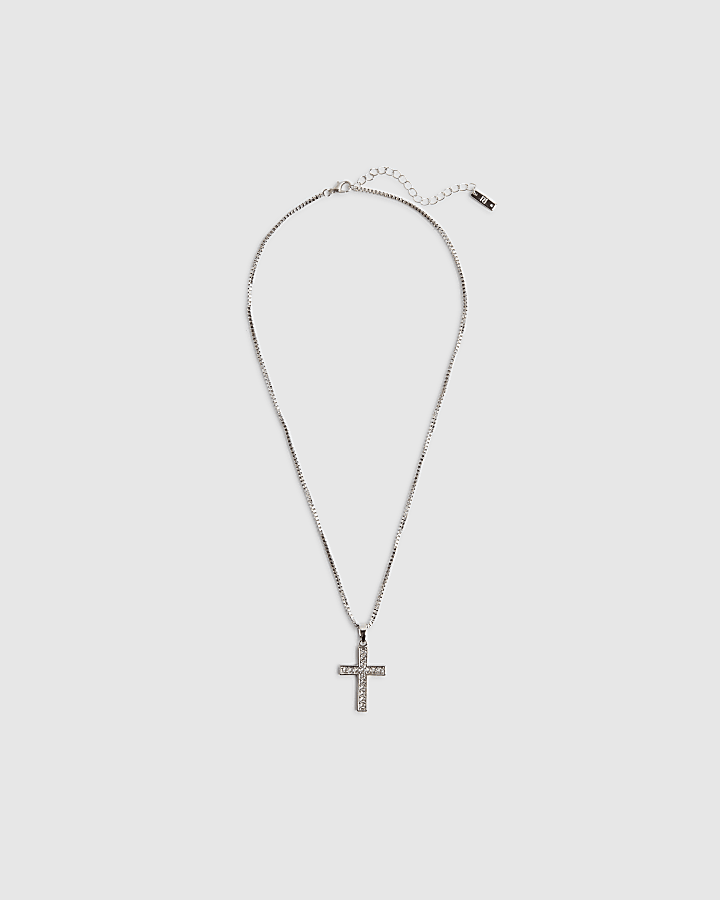 Silver Diamond Simulant Cross Necklace