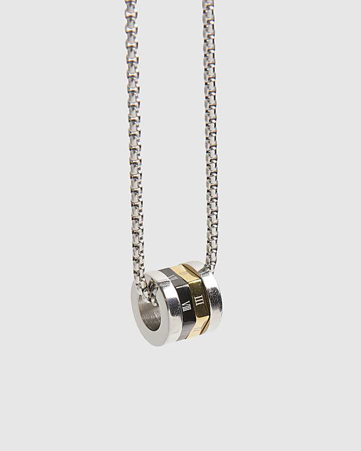 Silver Steel Numerals Spinning Rings Necklace