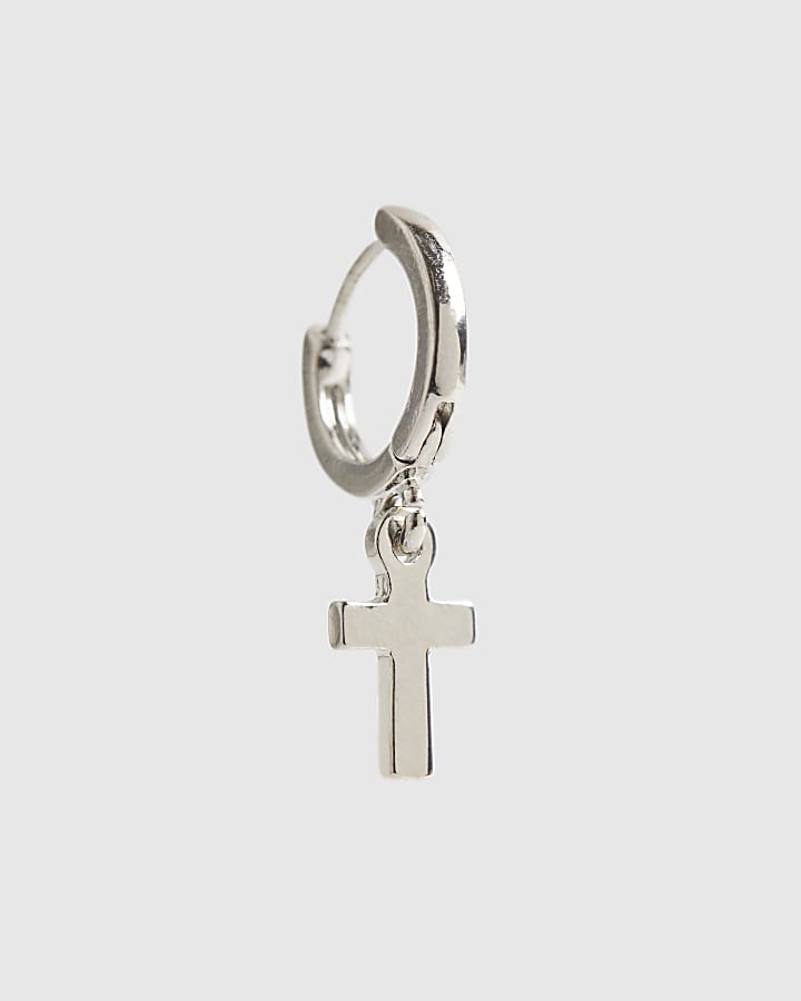 Silver Cross Drop Hoop Earrings