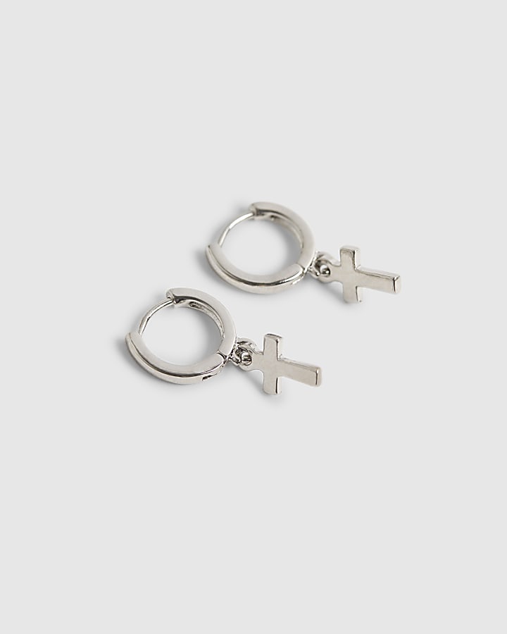 Silver Cross Drop Hoop Earrings