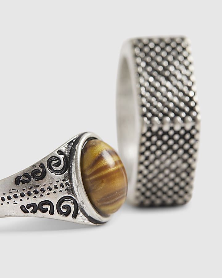 Silver Stone And Hexagon Rings 2 Pack