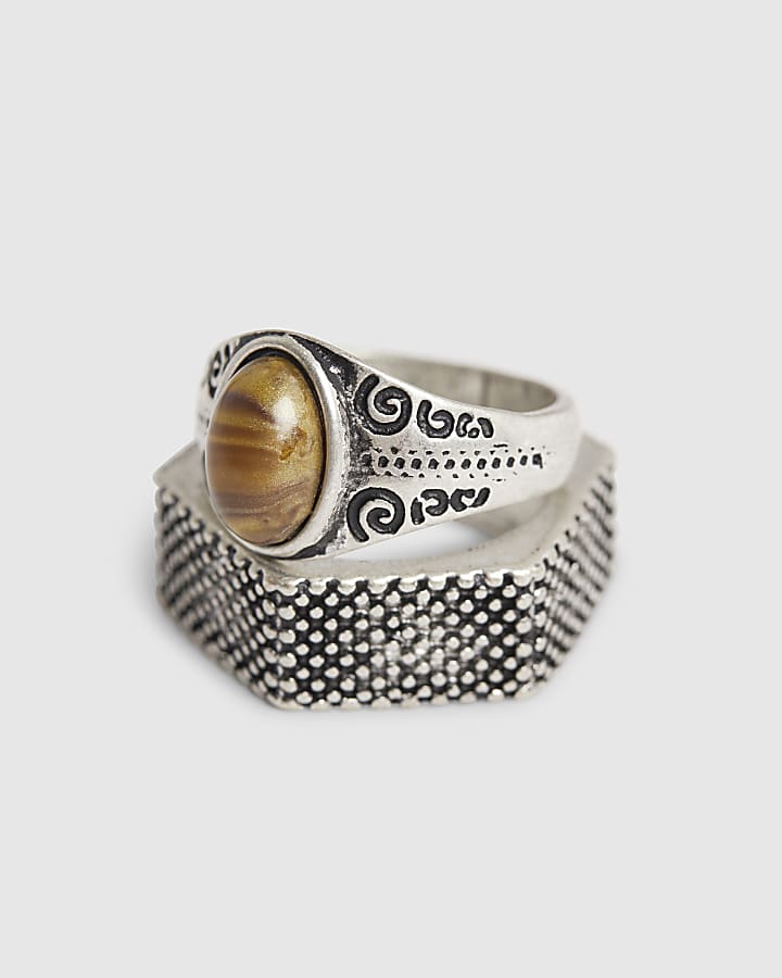 Silver Stone And Hexagon Rings 2 Pack