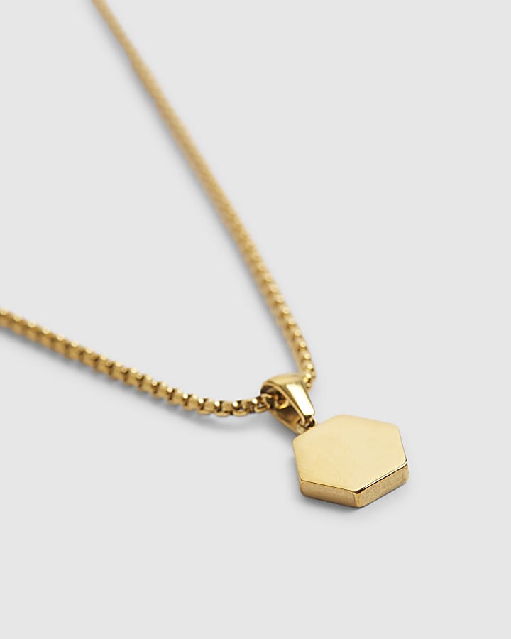 Gold Steel Hexagon Pendant Necklace