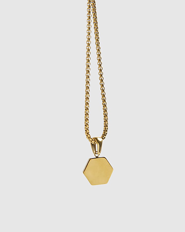 Gold Steel Hexagon Pendant Necklace