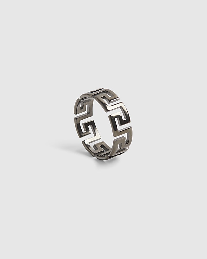 Silver Steel Greek Key Design Ring
