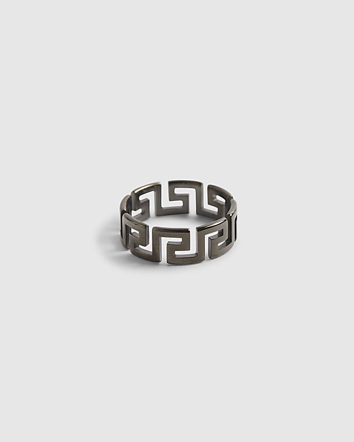 Silver Steel Greek Key Design Ring