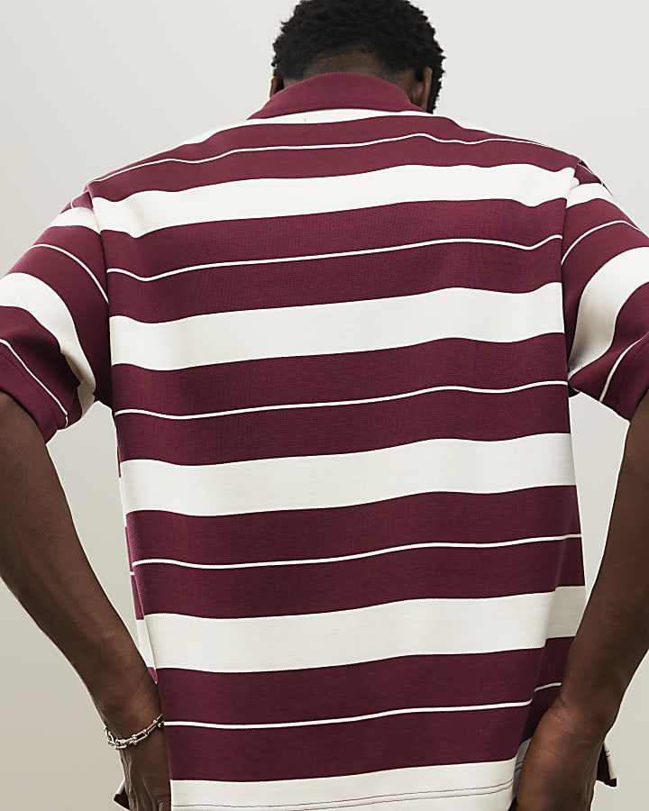 Red Oversized Fit Stripe Open Neck Polo Shirt