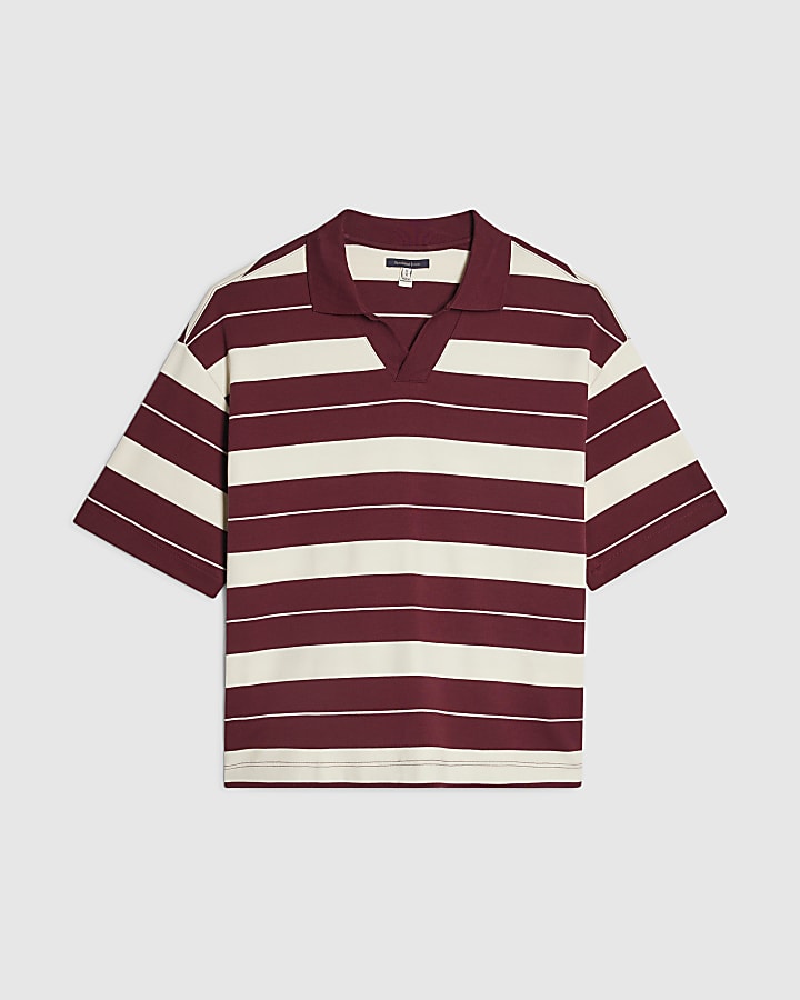 Red Oversized Fit Stripe Open Neck Polo Shirt