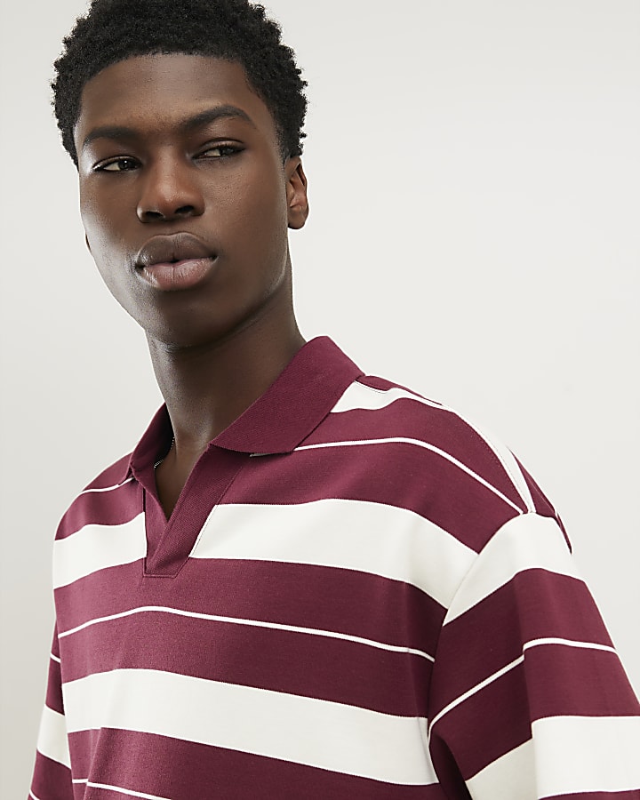 Red Oversized Fit Stripe Open Neck Polo Shirt