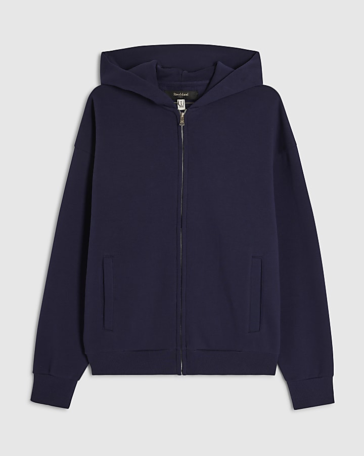 Navy Oversized Fit Zip Through Hoodie