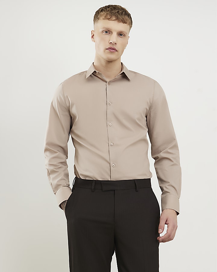 Beige Slim Fit Long Sleeve Shirt