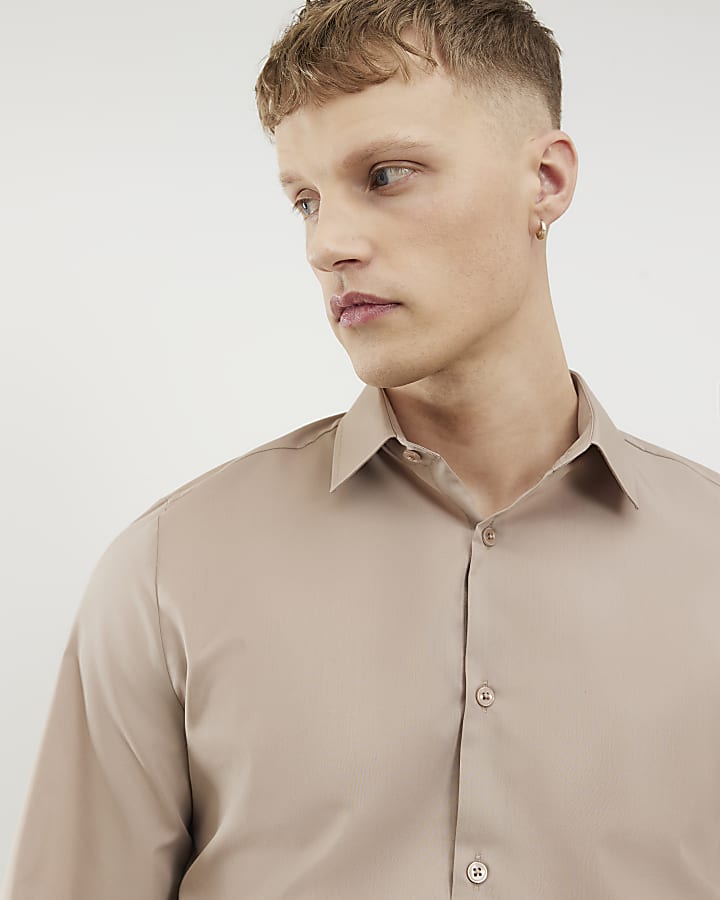 Beige Slim Fit Long Sleeve Shirt