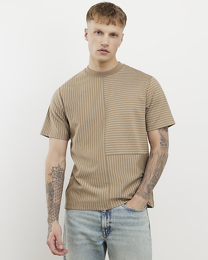 Beige Regular Fit Stripe T-Shirt