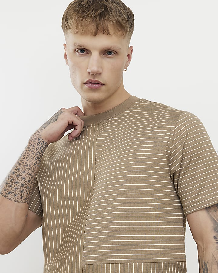 Beige Regular Fit Stripe T-Shirt