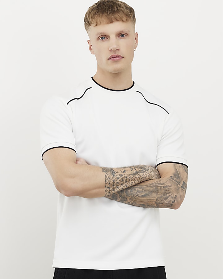 White Slim Fit Piped T-Shirt