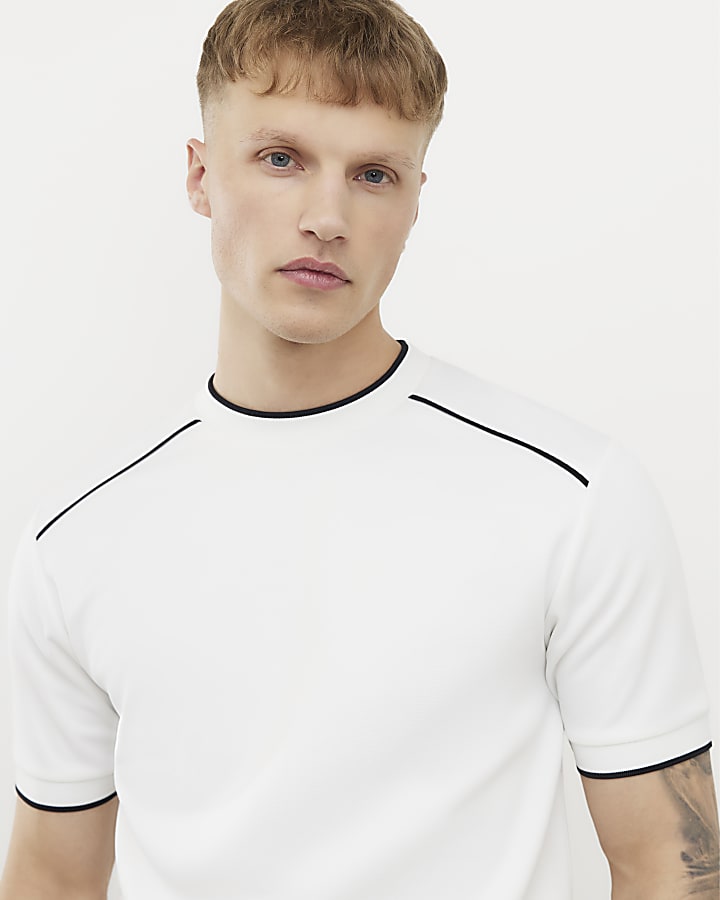 White Slim Fit Piped T-Shirt