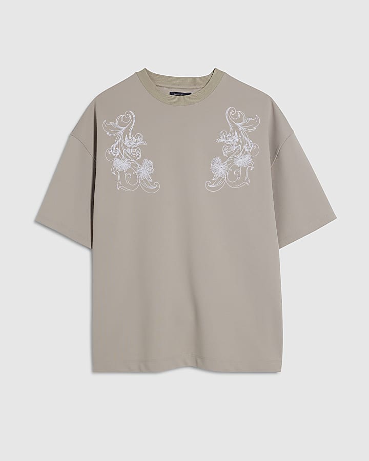 Grey Floral Embroidered T-Shirt