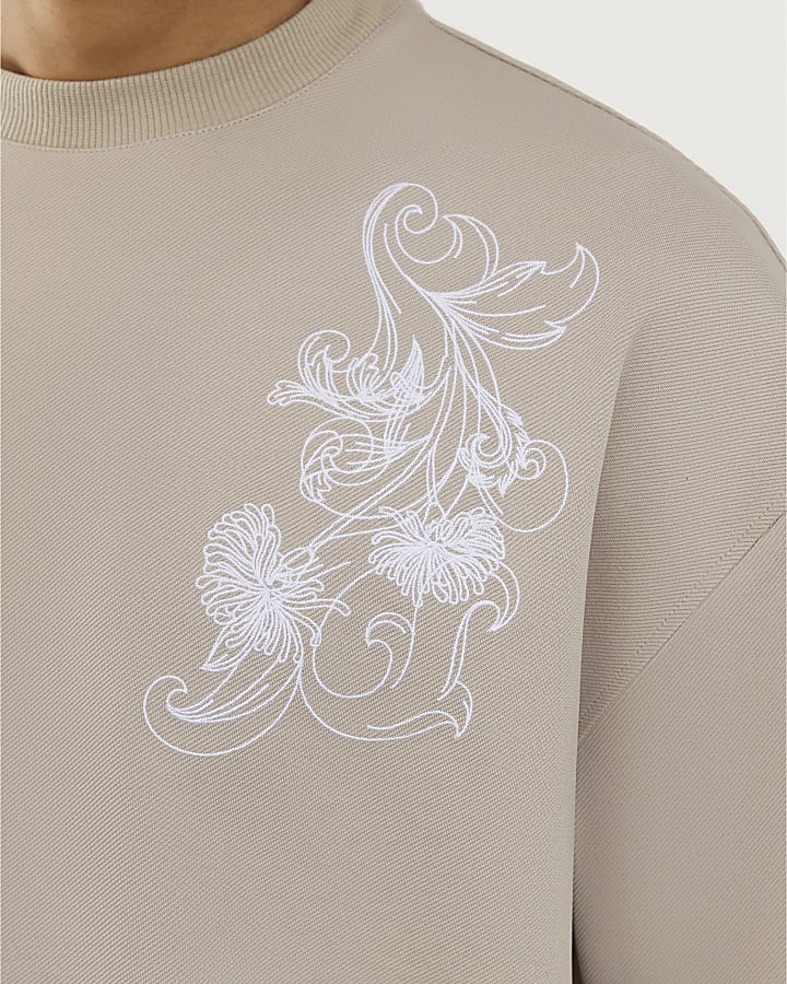 Grey Floral Embroidered T-Shirt