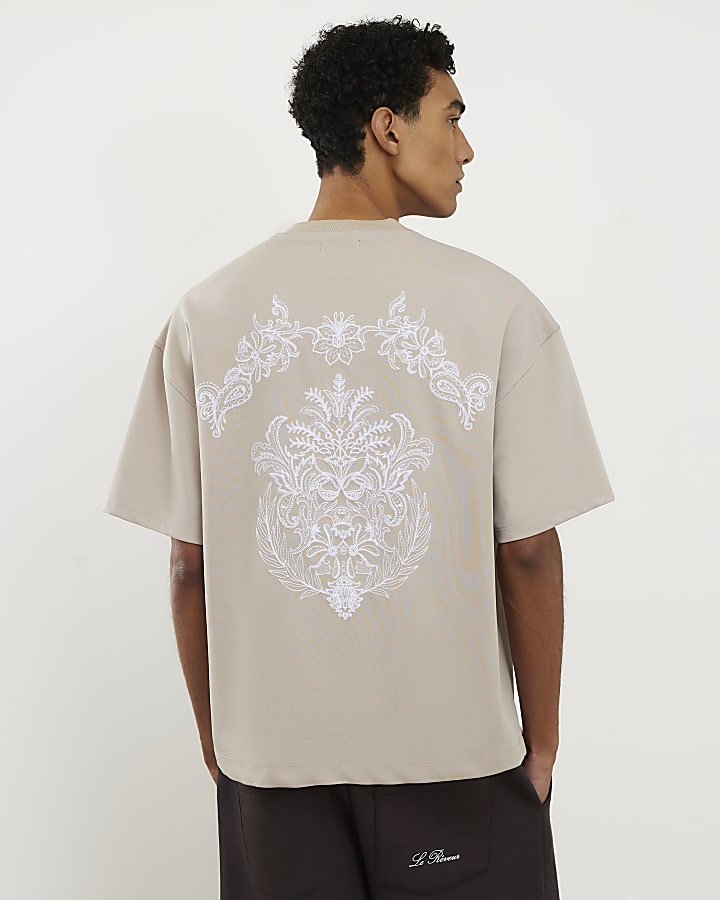 Grey Floral Embroidered T-Shirt