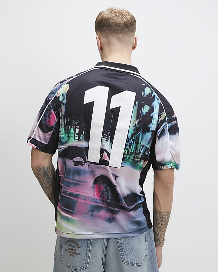 Black Oversized Fit Tokyo Drift Polo Shirt