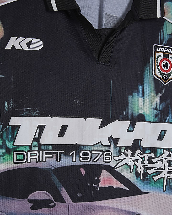 Black Oversized Fit Tokyo Drift Polo Shirt