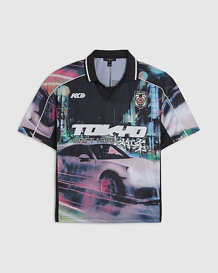 Black Oversized Fit Tokyo Drift Polo Shirt