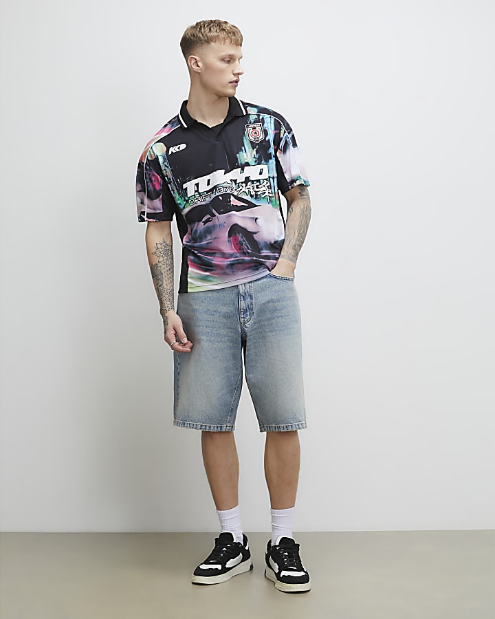 Black Oversized Fit Tokyo Drift Polo Shirt
