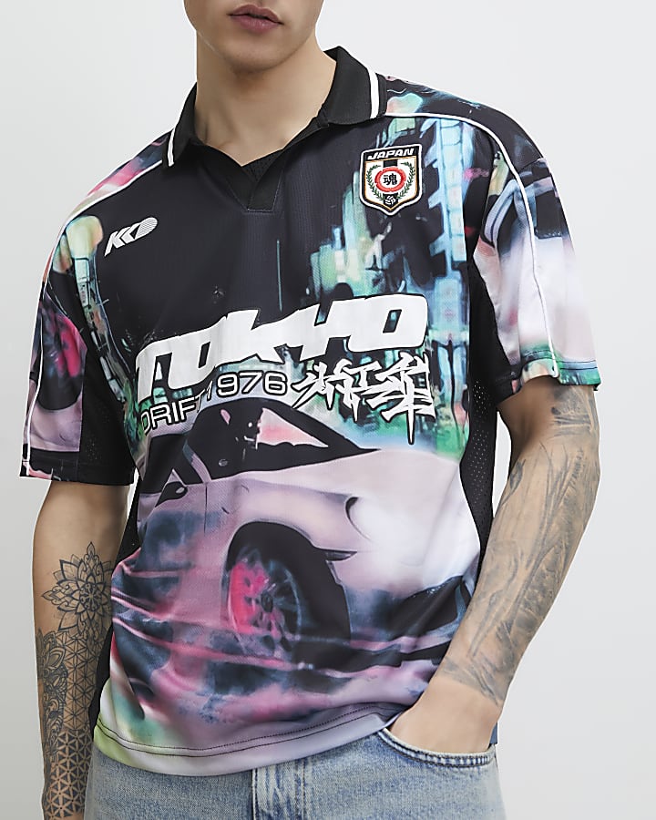 Black Oversized Fit Tokyo Drift Polo Shirt