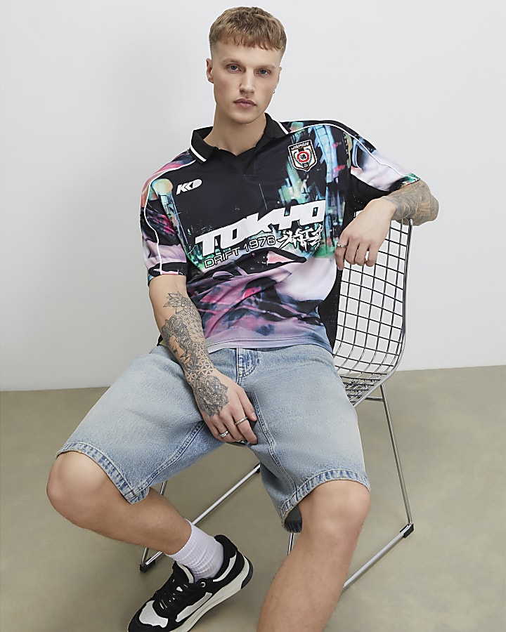 Black Oversized Fit Tokyo Drift Polo Shirt