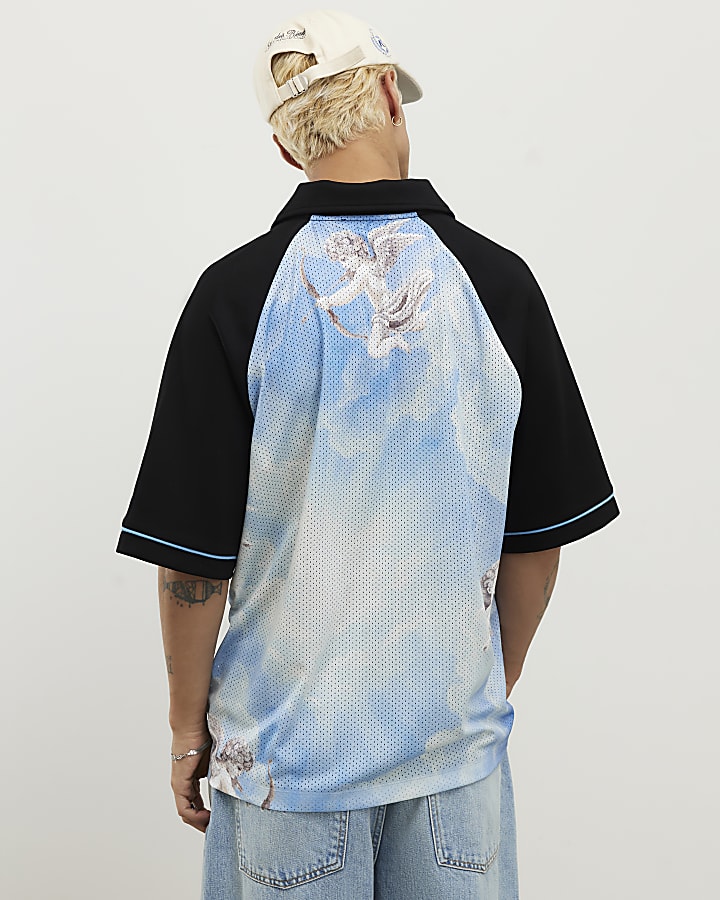 Blue Oversized Fit Mesh Polo Shirt