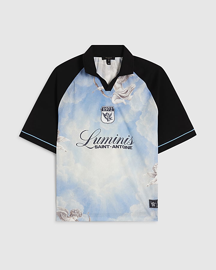 Blue Oversized Fit Mesh Polo Shirt