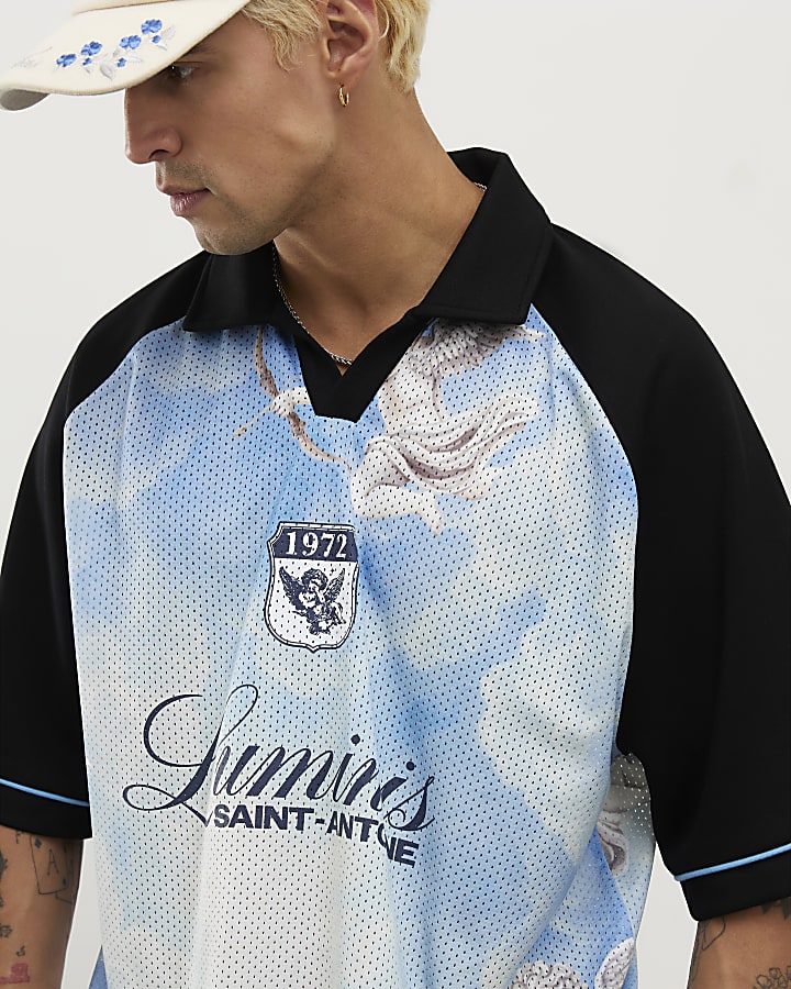 Blue Oversized Fit Mesh Polo Shirt