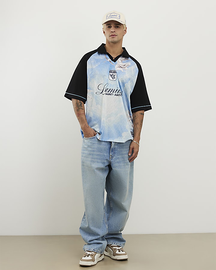 Blue Oversized Fit Mesh Polo Shirt