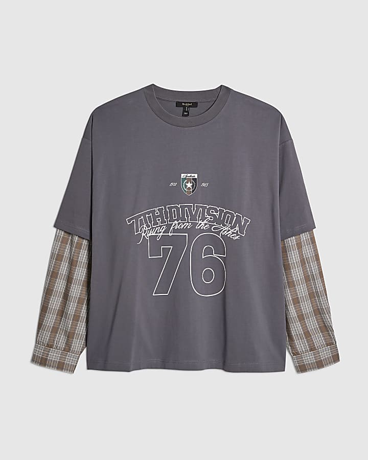 Grey Double Layered Number 76 Check T-Shirt