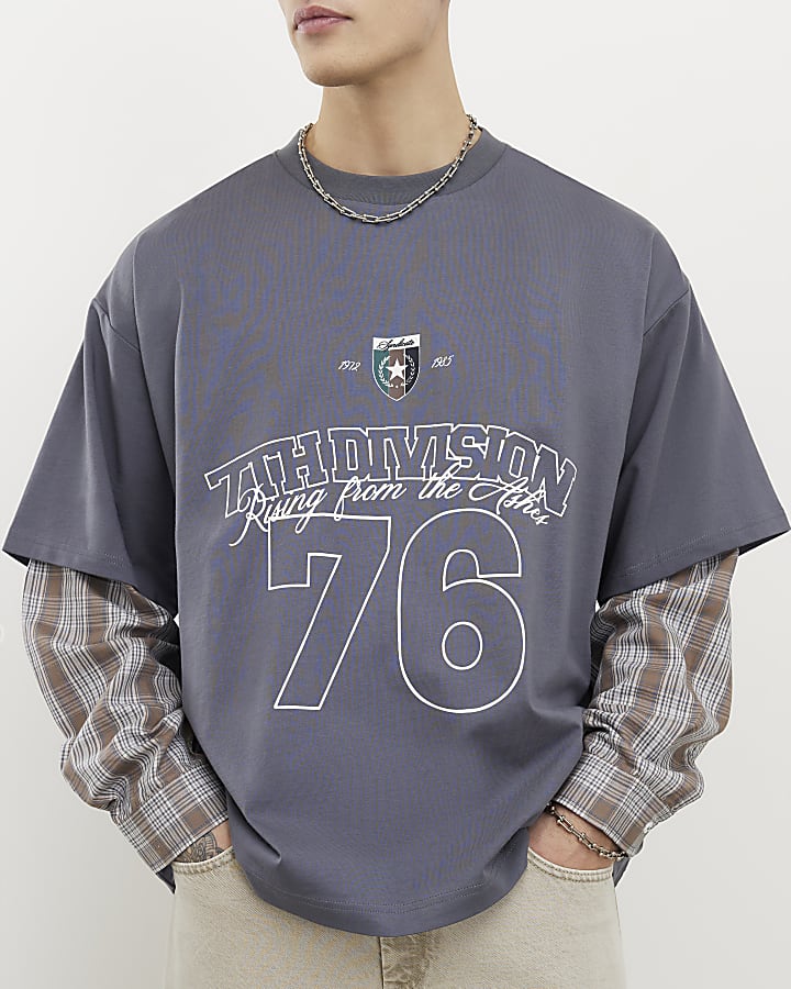 Grey Double Layered Number 76 Check T-Shirt