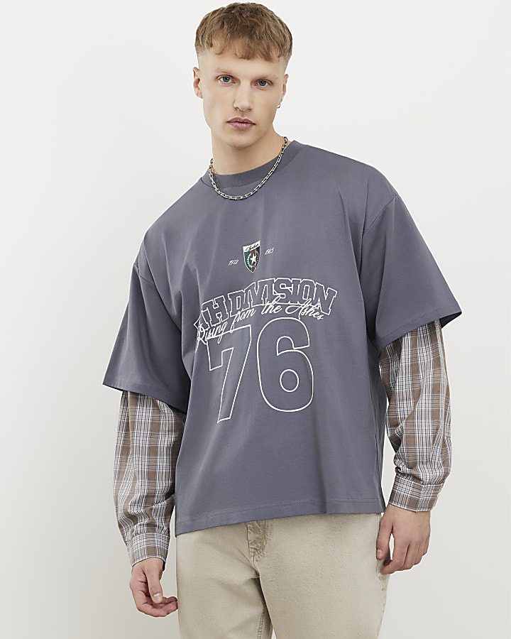 Grey Double Layered Number 76 Check T-Shirt