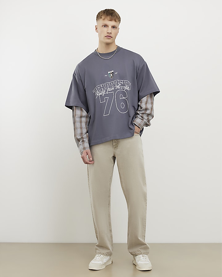 Grey Double Layered Number 76 Check T-Shirt