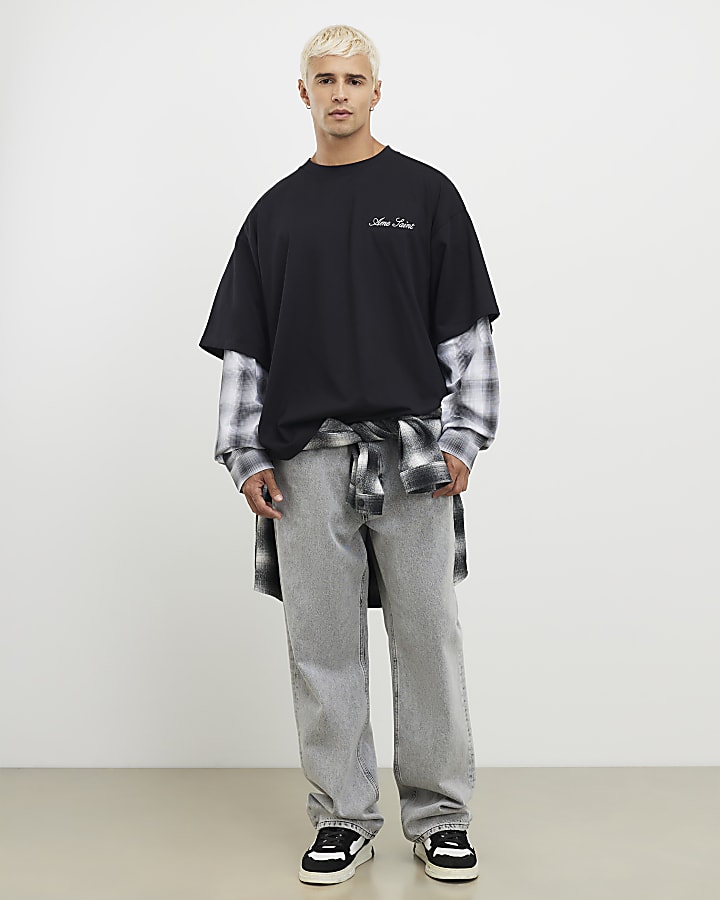 Black Oversized Fit Layered Check T-Shirt