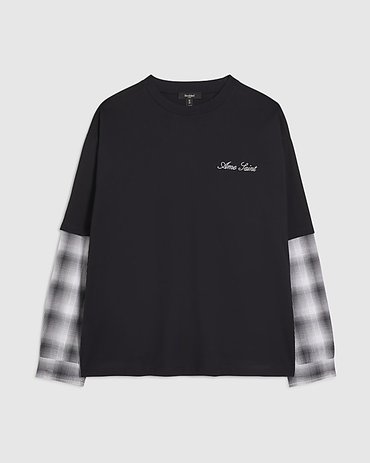 Black Oversized Fit Layered Check T-Shirt