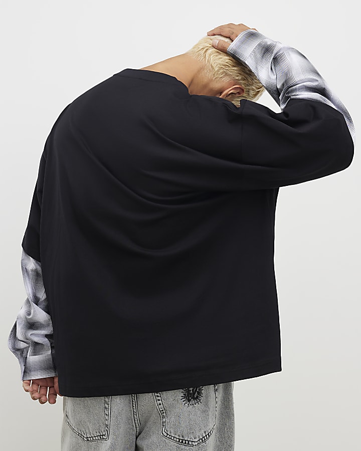 Black Oversized Fit Layered Check T-Shirt