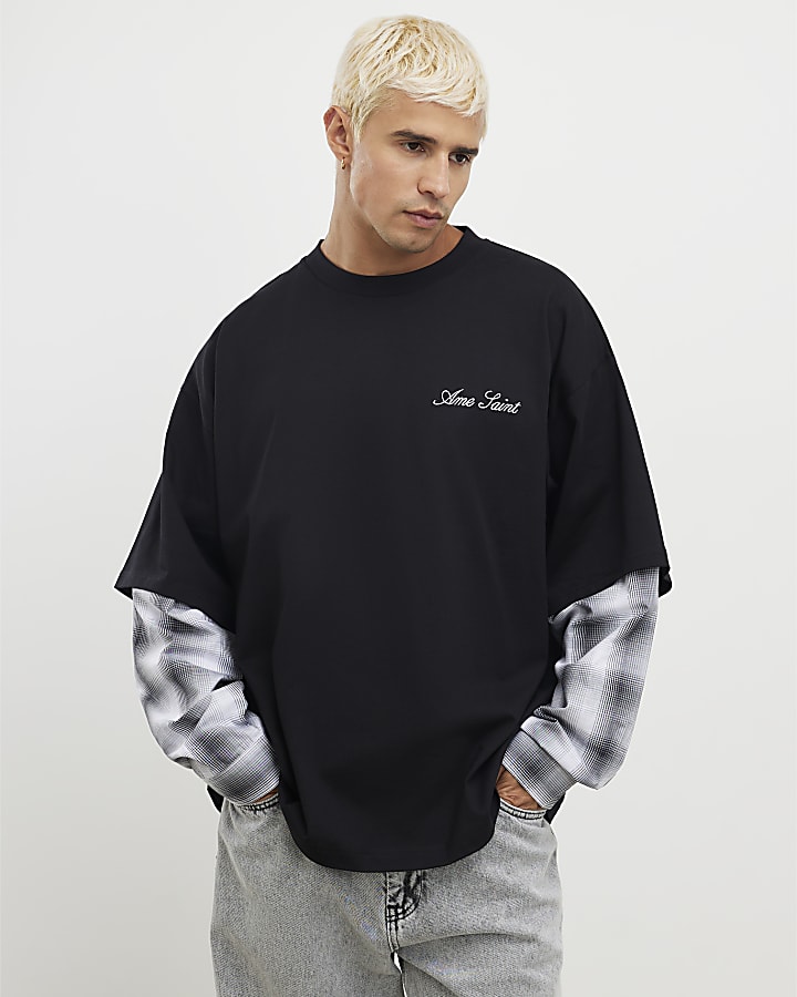 Black Oversized Fit Layered Check T-Shirt