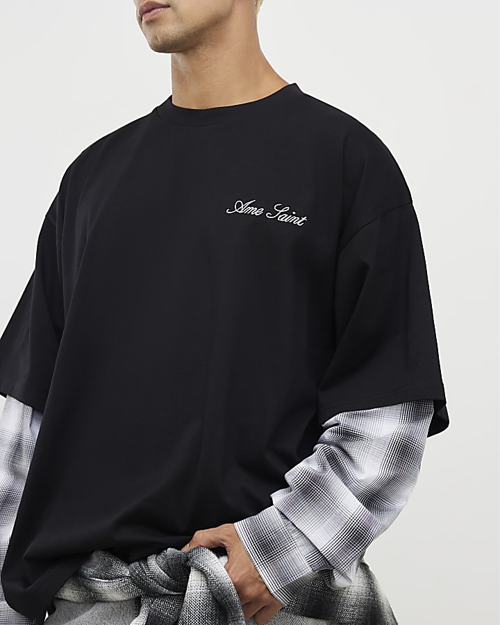 Black Oversized Fit Layered Check T-Shirt