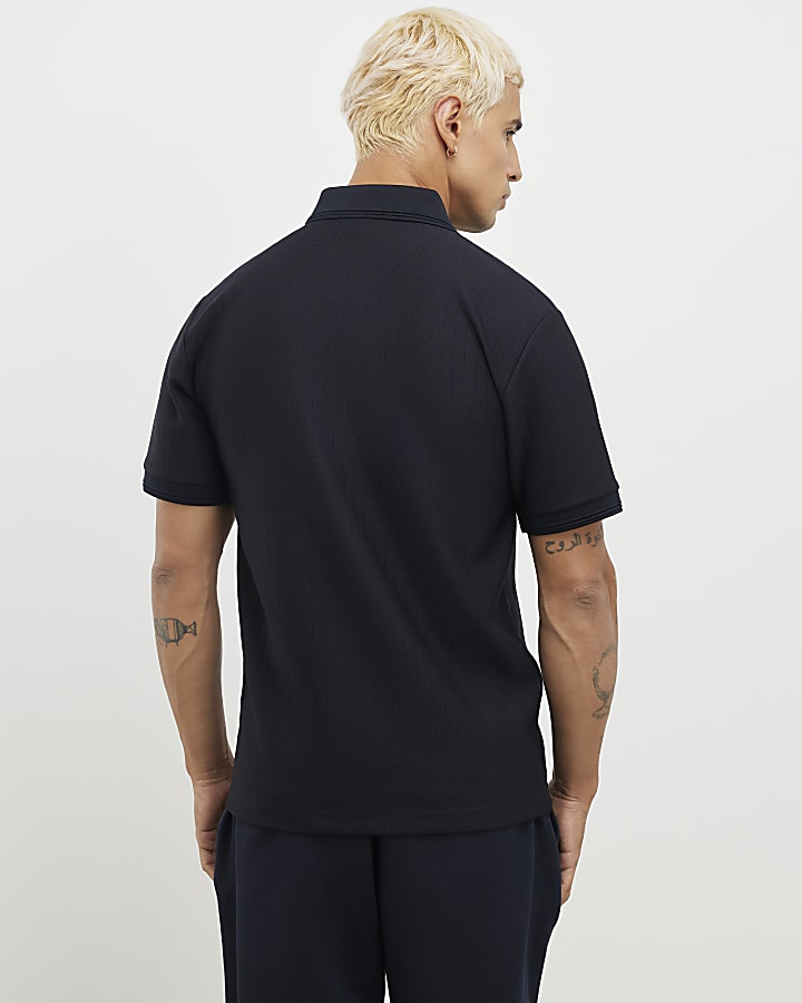 Navy Muscle Fit Textured Polo Shirt