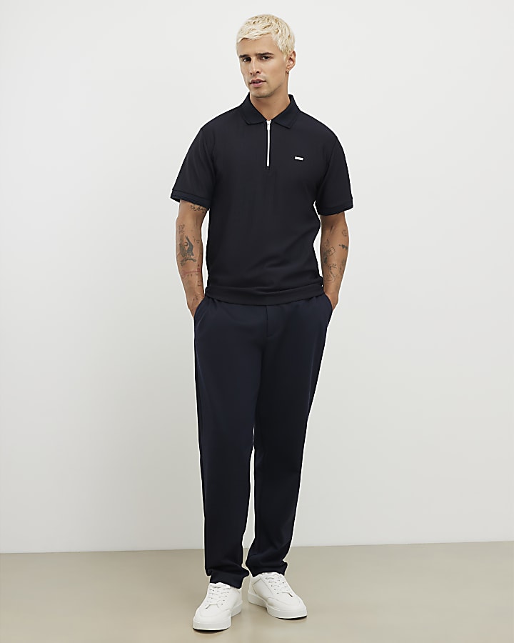 Navy Muscle Fit Textured Polo Shirt