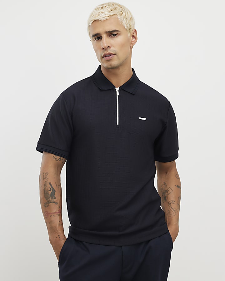 Navy Muscle Fit Textured Polo Shirt