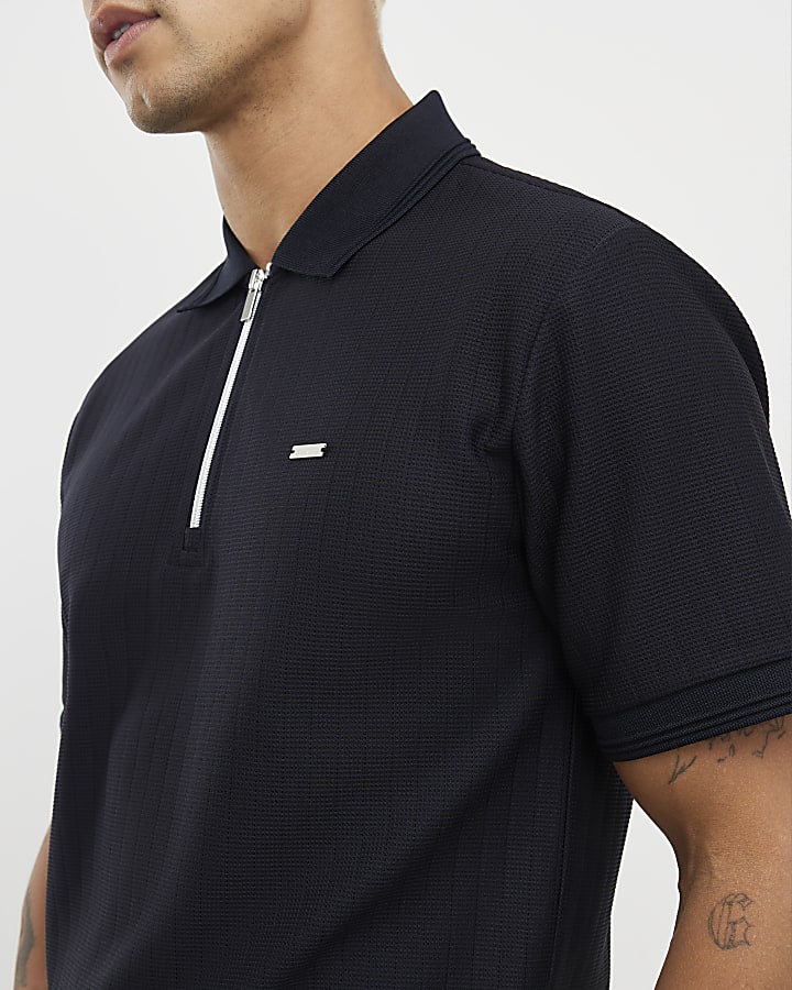Navy Muscle Fit Textured Polo Shirt