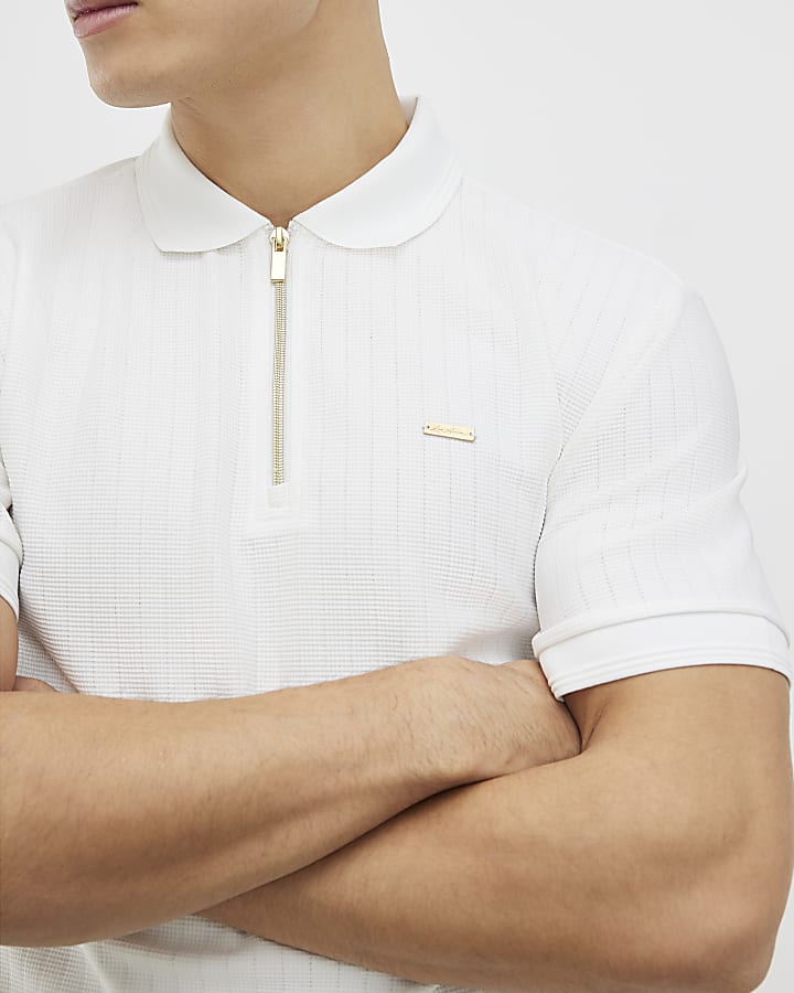 White Muscle Fit Textured Polo Shirt