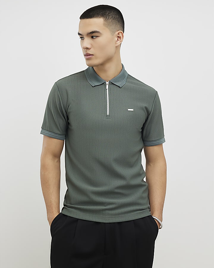 Khaki Muscle Fit Textured Polo Shirt