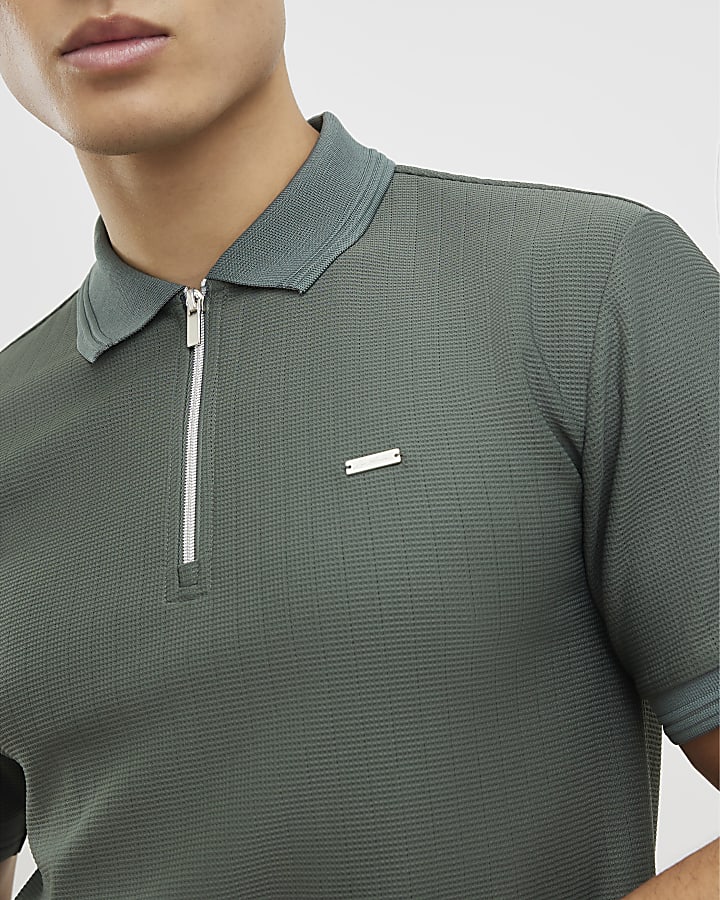 Khaki Muscle Fit Textured Polo Shirt