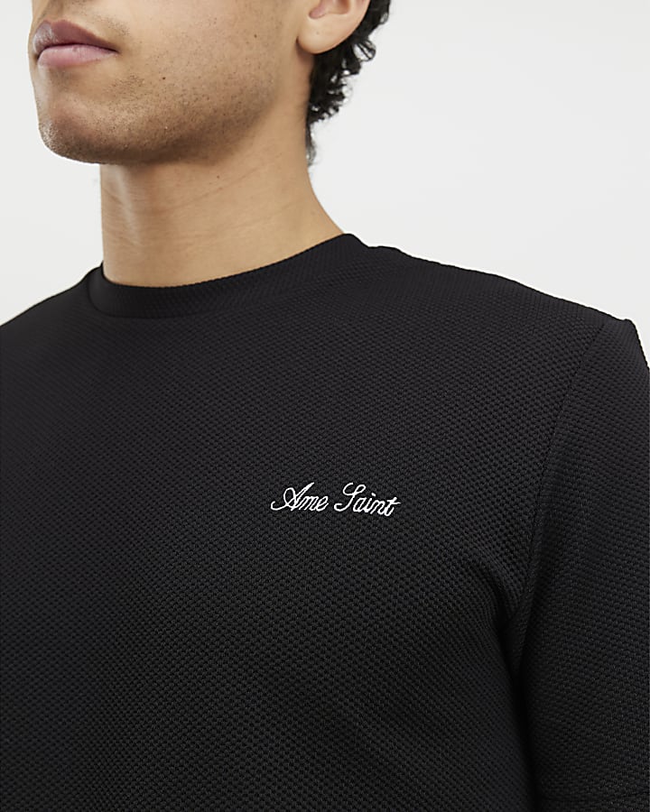 Black Slim Fit Textured Ame Saint T-Shirt